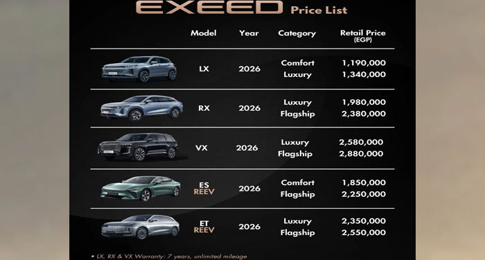 قائمة أسعار سيارات إكسيد الفاخرة موديلات 2026 في مصر.. مفاجآت في فئة السيارات الكهربائية