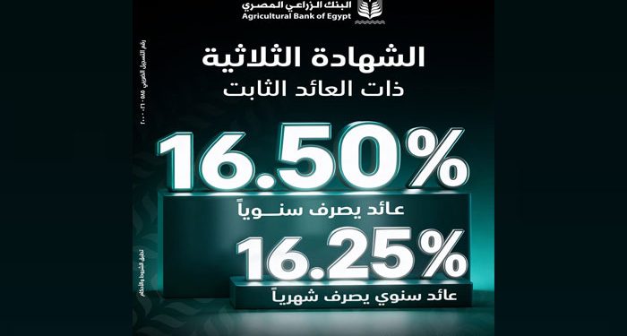 البنك الزراعي المصري يطلق الشهادة الثلاثية بعائد ثابت يصل إلى 16.5%